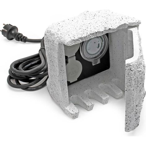 2-fach Gartensteckdose Außensteckdose Kunstharz Zeitschaltuhr IP44 Outdoor Steinoptik 5m Kabel