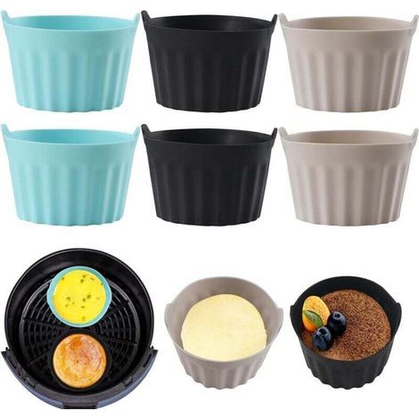 6-teiliges Silikon-Backform-Set für Heißluftfritteusen, flach für fettfreie Fritteusen, Mafin-Ausstechform, Kuchenform, Eierkuchenform, Zubehör für Heißluftfritteusen, Silikon-Backformen, Schwarz + Gr (1/4)