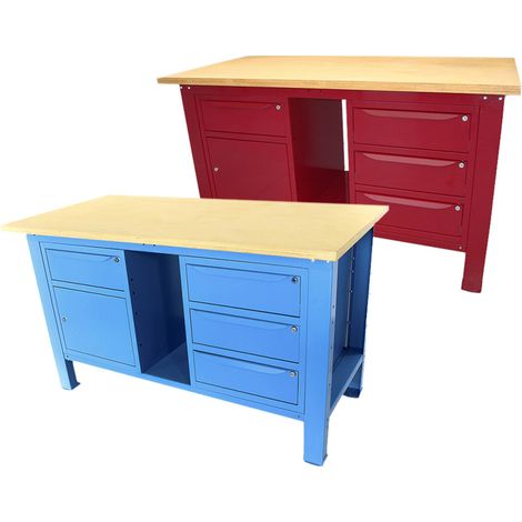 Banco lavoro SOGI 1,5m piano in legno + armadio anta cassetto + armadio a 3 cassetti - blu/rosso, ColoreBlu (1/5)
