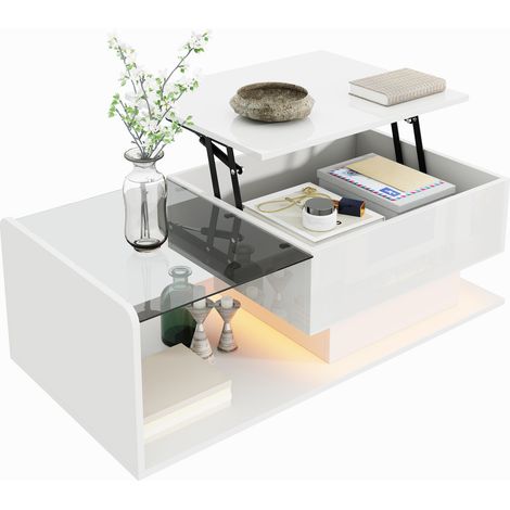 Table d'appoint blanc brillant avec plateau verre et éclairage LED, table basse lumineuse design