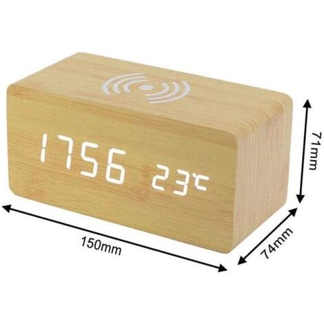 NALOOKAMIC  Thermomètre Numérique Réveil Réveil Numérique Bois Réveil À Bois LED Digital avec Chargeur sans Fil, Réveil en Bois avec Chargeur À Induction