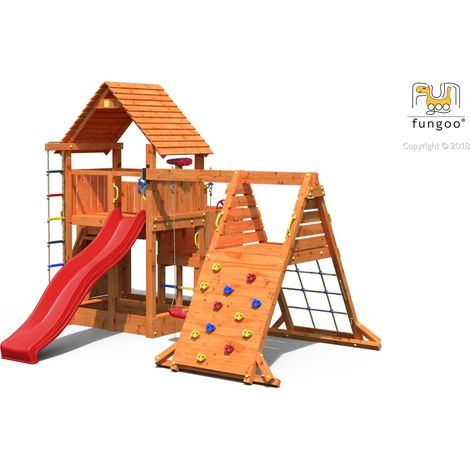 FUNGOO Aire de jeux BIG LEADER SPIDER avec triple plateforme, échelle de corde, toiture, 2 murs d'escalade, mur de corde, toboggan rouge & accessoires de jeux, balançoire 1 siège (1/5)