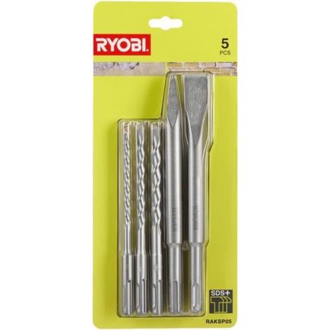 RYOBI - Kit 3 forets (6 mm, 8 mm, 10 mm) et 2 burins SDS+ (1 pointe et 1 plat) - RAKSP05 (1/2)