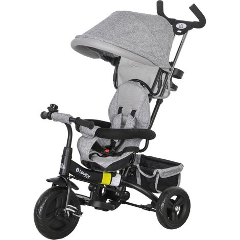Triporteur enfant 6-en-1 avec poussoir, toit, harnais, panier, pour 1-5 ans, Gris (1/5)