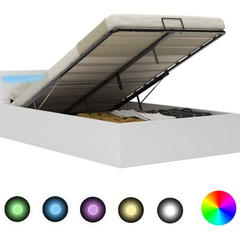 Lit double pour adulte Cadre de lit - à rangement avec LED Blanc Similicuir 140x200 cm BV742163 - BonneVie (1/5)