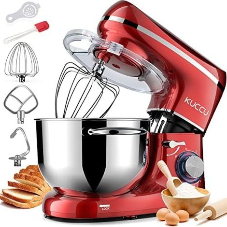 Pastry Processor, 1500 W Patisserie Processor, 7 L Double Handles Professional Kneading Processor, 6 Speeds + P with Hook, Beater, Whisk, Splash Protection, Spatula, Separator - Red (1/5)