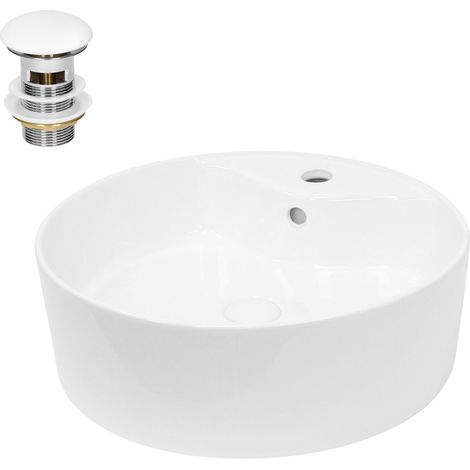 ECD Germany Lavabo Cerámico Blanco Redondo Ø 460 x 155 mm para Baño con Juego de Desagüe con Rebosadero Agujero de Conexión Estandar Lavamanos Sobre Encimera Diseño Moderno Fregadero Pila con Drenaje (1/5)