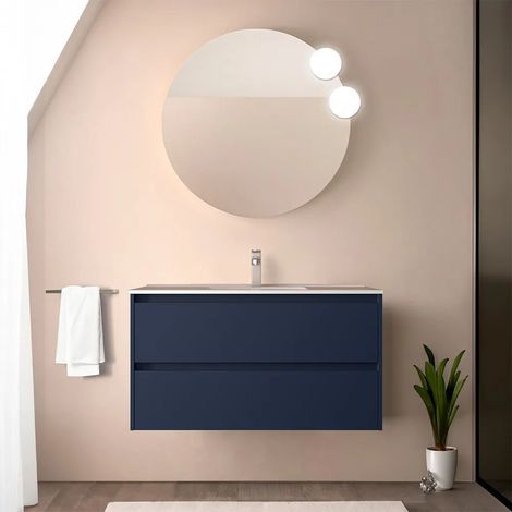 Mobile bagno sospeso 90 cm blu satinato con specchio e lavabo Gaya (1/5)