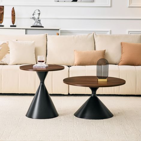 Lot de 2 tables basses 70x70x40 cm et 50x50x50 cm noyer et noir en métal avec design empilable (1/5)