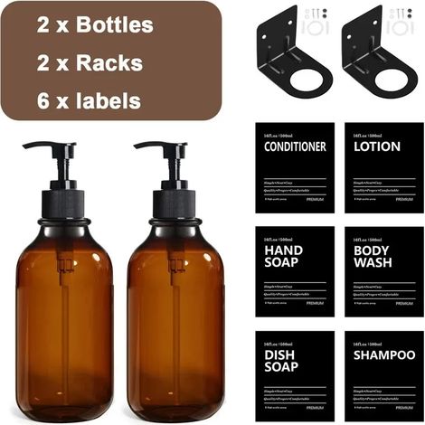 (Ensemble marron) Distributeur de savon de 2 pièces (500 ml) avec étiquettes, support mural pour flacon de shampoing rechargeable, crochet, accessoires de salle de bain (1/5)