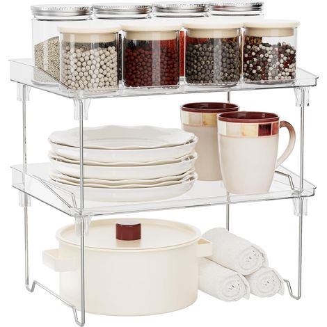 Paquete de 2 estantes apilables para cocina, especiero, de plástico transparente para maquillaje, baño, armario y oficina.