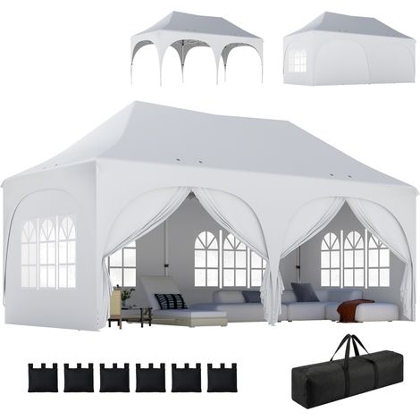 3x6m wasserdichter Faltpavillon mit 6 Seitenwänden, UV-Schutz und 12 Abflusslöchern – Weiß