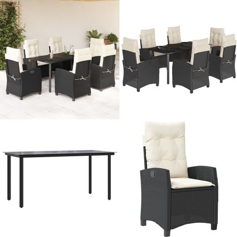 7-tlg. Garten-Essgruppe mit Kissen Schwarz Poly Rattan - Gartentisch - Gartenstuhl (1/5)