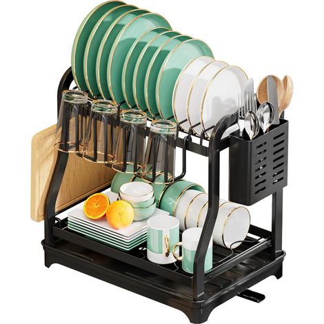 Égouttoir à vaisselle à 2 niveaux pour comptoir de cuisine, grand porte-ustensiles, panier d'égouttoir, plateau de drainage (1/5)