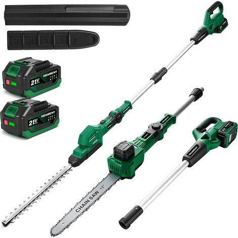 Kit outils du jardinier 4-en-1 ,Tronçonneuse 12 pouces et Taille-haie 42 cm, avec Perche télescopique,Étendue des travaux 185-289 cm,avec 2 Batteries 4Ah
