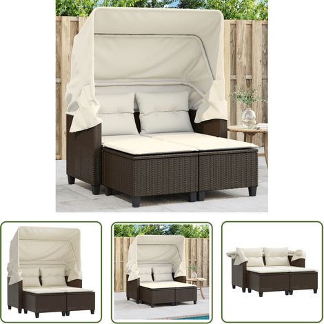 The Living Store Gartensofa 2-Sitzer mit Dach und Hockern Braun Poly Rattan - Gartensofa - Outdoor Möbel - Gartenmöbel - Rattan Gartenmöbel - Lounge Set (1/5)