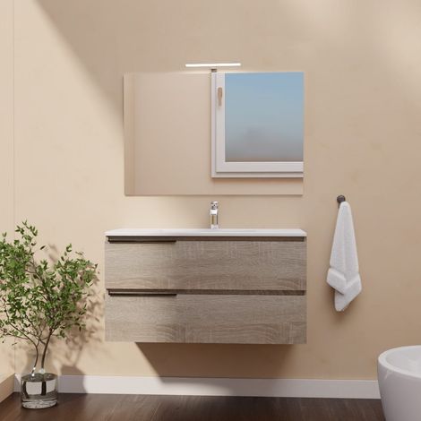 Mobile Bagno Sospeso 100 Cm Con Lavabo, Specchio E Lampada Led  Berlin (1/5)