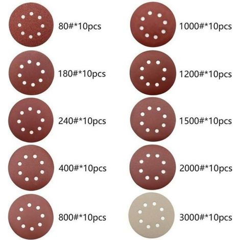 Disque Ponçage 100pcs Abrasifs 125 mm, Grain 80/180/240/400/800/1000/1200/1500/2000/3000, Ponçage Polissage Dérouillage (8 trous) (1/4)