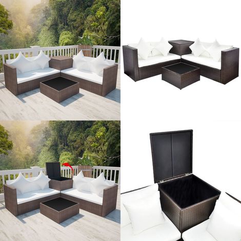 4-tlg. Garten-Lounge-Set mit Auflagen Poly Rattan Braun - Gartenmöbel - Loungesessel - Rattan Möbel - Outdoor Furniture - Esszimmergarnitur - Home & Living