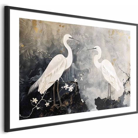 Poster - Aironi e fiori di ciliegio - un'illustrazione di uccelli in stile orientale. (1/4)