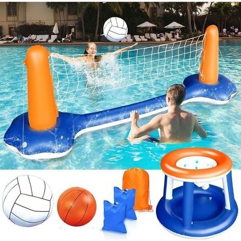 Ensemble de Volley-Ball GonflableVolleyball Gonflable Piscine Toy avec Basket-Ball Hoop Volley-Ball Filet Deux Balles Jeu de Natation pour Enfants Adultes