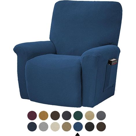 Housse de Fauteuil Relax Extensible Couleur Unie Jacquard Housse de Fauteuil Relax Inclinable avec Poche, 1 Places 4 Pièce Protege de Meubles pour Canapé (Bleu) (1/5)