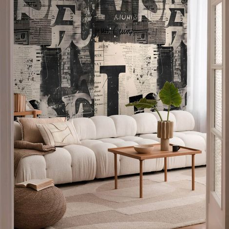 Fotomural Profhome 791444 papel pintado vinílico estampado en caliente tejido non tejido ligeramente texturado con dibujo gráfico mate crema negro gris seda beige 1,59 m x 2,8 m