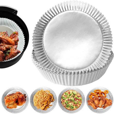 Packung mit 100 Aluminiumfolien-Einlagen für Heißluftfritteusen, antihaftbeschichtet, Einwegartikel, öl- und wasserabweisend, geeignet zum Grillen und Braten in der Mikrowelle (1/5)