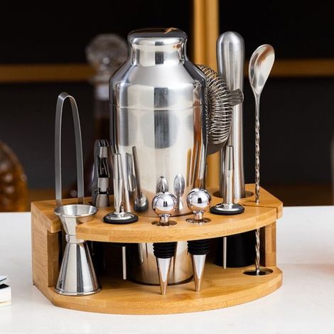 Ensemble de shaker de bar - - 700 ml - Base en bois - Acier inoxydable - Technologie miroir - Facile à nettoyer (1/5)