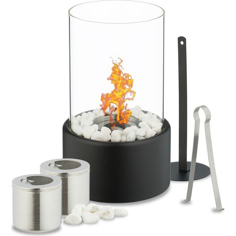 Relaxdays Tischkamin, Bioethanol Kamin, indoor & outdoor, HxD: 26,5 x 16 cm, Tischfeuer mit Zubehör, transparent/schwarz