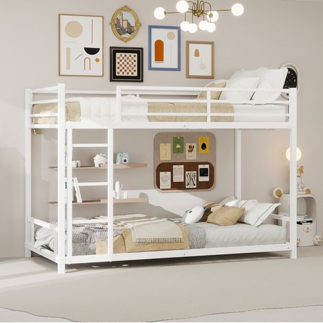 DESVIAE Lit superposé en métal blanc 2 couchages 90 x 190 cm cadre bas avec échelle intégrée et garde corps pour chambre enfant (1/5)