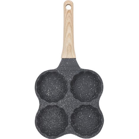 Poêle à œufs en aluminium 4 tasses, antiadhésive, avec manche en bois, facile à nettoyer, compatible avec les plaques à gaz et à induction (version smiley). (1/5)