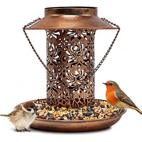 Lanterne mangeoire solaire pour oiseaux, design ajouré en fer forgé à suspendre pour nourrir les oiseaux en extérieur, décoration de jardin rétro pour pelouse, terrasse, cour (1/5)
