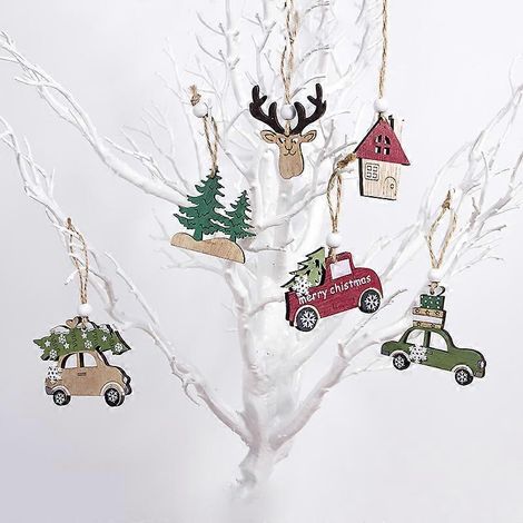 Décorations de Noël en bois représentant un camion rouge, à suspendre, pour 6 pièces. (1/5)