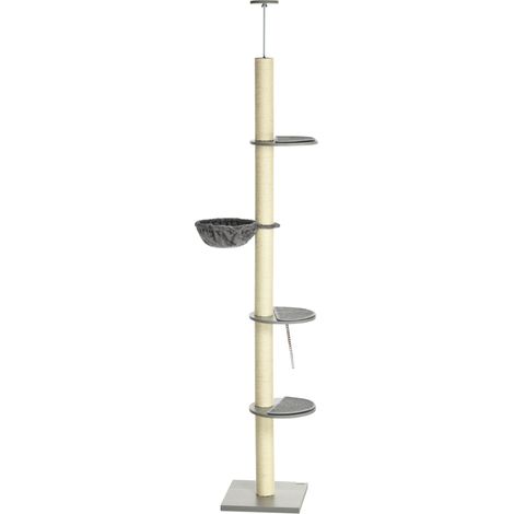 Arbre à chat avec hamac et tendeur plafond - 40x40x250 cm - Gris et blanc crème (1/5)
