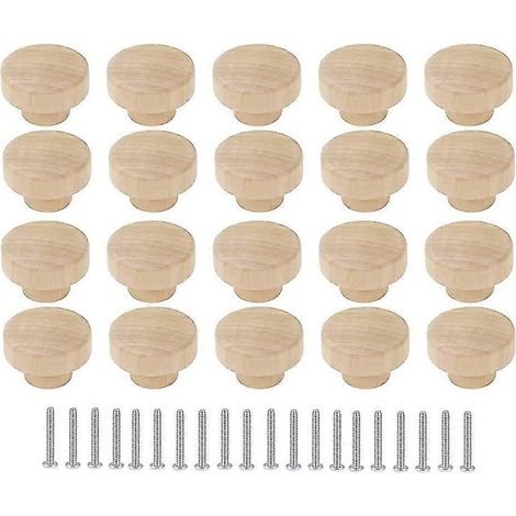 Lot de 20 boutons de tiroir ronds en bois brut, diamètre 35 mm, pour meubles, armoires et commodes. (1/5)