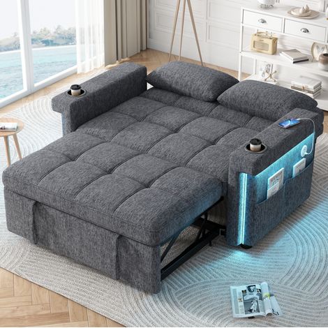 Canapé-lit convertible 2 places 145x141,5x90 cm en chenille gris, LED, pour petit salon – MEUBLIV (1/5)