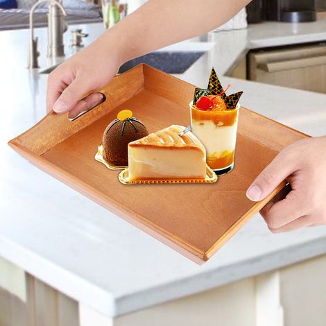 Plateau de service en bois pour service à thé, fruits, bonbons, torchon (couleur foncée) (1/5)
