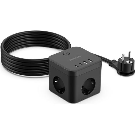 Multiprise avec USB C PD 20W, Rallonge Electrique 5M, Noir Multiprise Cube 3 Prises avec 4 USB, 3680W Prise Multiple avec Interrupteur et Rallonge Electrique 5M pour Domicile, Bureau (1/5)