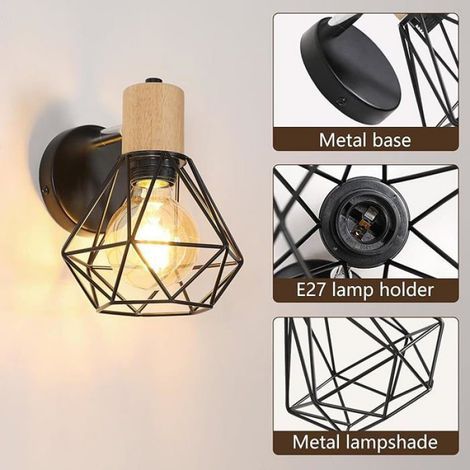 Applique Murale Industrielle Vintage, Lampe Murale 360° Rotative en Bois, Lampe Cage E27 en Métal et Fer Noir APPLIQUE D'INTERIEUR (1/5)