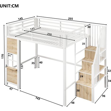 Lit superposé 140x200 cm, cadre en fer, échelle de rangement, espace ouvert sous le lit, design fenêtre, garde-corps de sécurité, sans matelas, blanc (1/5)