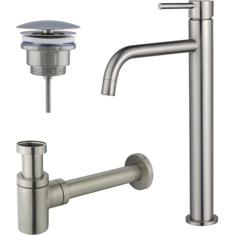 Fortifura Calvi Slim Kit mitigeur lavabo - robinet rehaussé - bonde non-obturable - siphon design bas - PVD Inox brossé