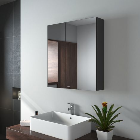 EMKE Spiegelschrank mit Spiegel unsichtbarer Griff Wandspiegel mit Badschrankmit höhenverstellbarem badezimmerschrank Laminat (Schwarz, 60x65cm)