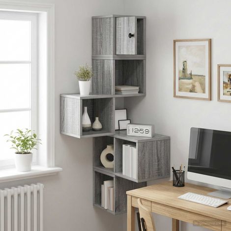 Étagère d’angle murale 7 compartiments en bois d’ingénierie Sonoma gris 48 x 48 x 120 cm - PANGIVO (1/5)