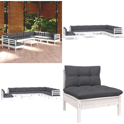 11-tlg. Garten-Lounge-Set mit Kissen Weiß Massivholz Kiefer - Gartenmöbel - Lounge Set - Outdoor Möbel - Kiefernholz - Rattan Ersatzteile - Home & Living (1/5)
