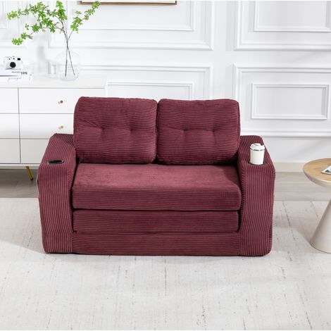 Divano 2 posti in velluto a coste bordeaux, modulabile, con portabicchieri e tasche (1/5)