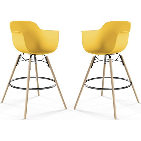 Sgabelli da Bar - Design Scandinavo - Gambe in Legno Scuro - Set di 2 - Nordika Pastel yellow