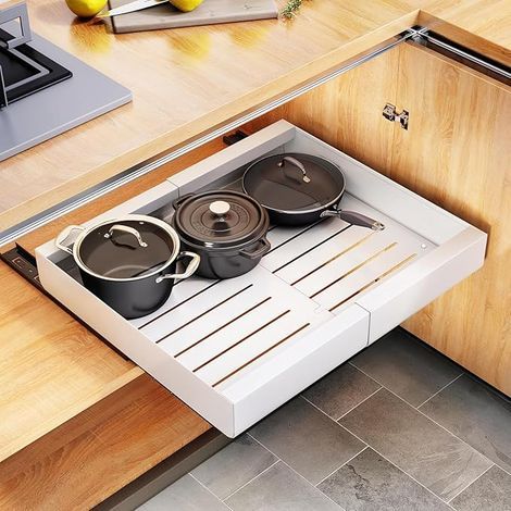 Tiroir Coulissant Cuisine,organisateur d'armoire coulissante en acier au carbone,tiroirs coulissants extensibles,largeur réglable de 32 à 52 cm,sans perçage, clouage requis (blanc) (1/5)