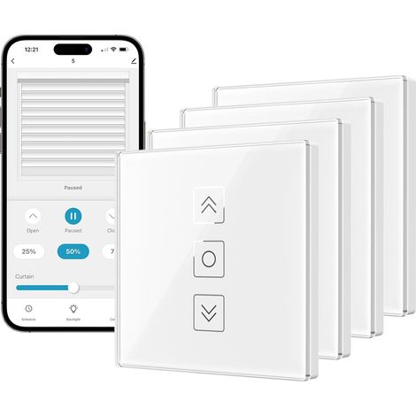 4 Pack Interrupteur Volet Roulant Connecté avec Fonction Pourcentage, Interrupteur Mural Commande Vocale Programmation pour Rideaux Compatible (Blanc) (1/5)