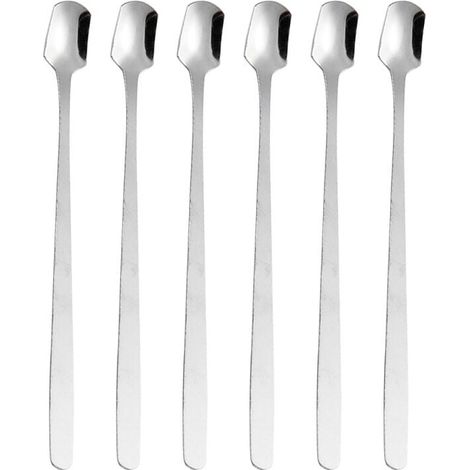 Lot de 6 cuillères à mélanger à tête carrée avec manche long et manche en forme de bâtonnets à biscuits, argenté (1/5)